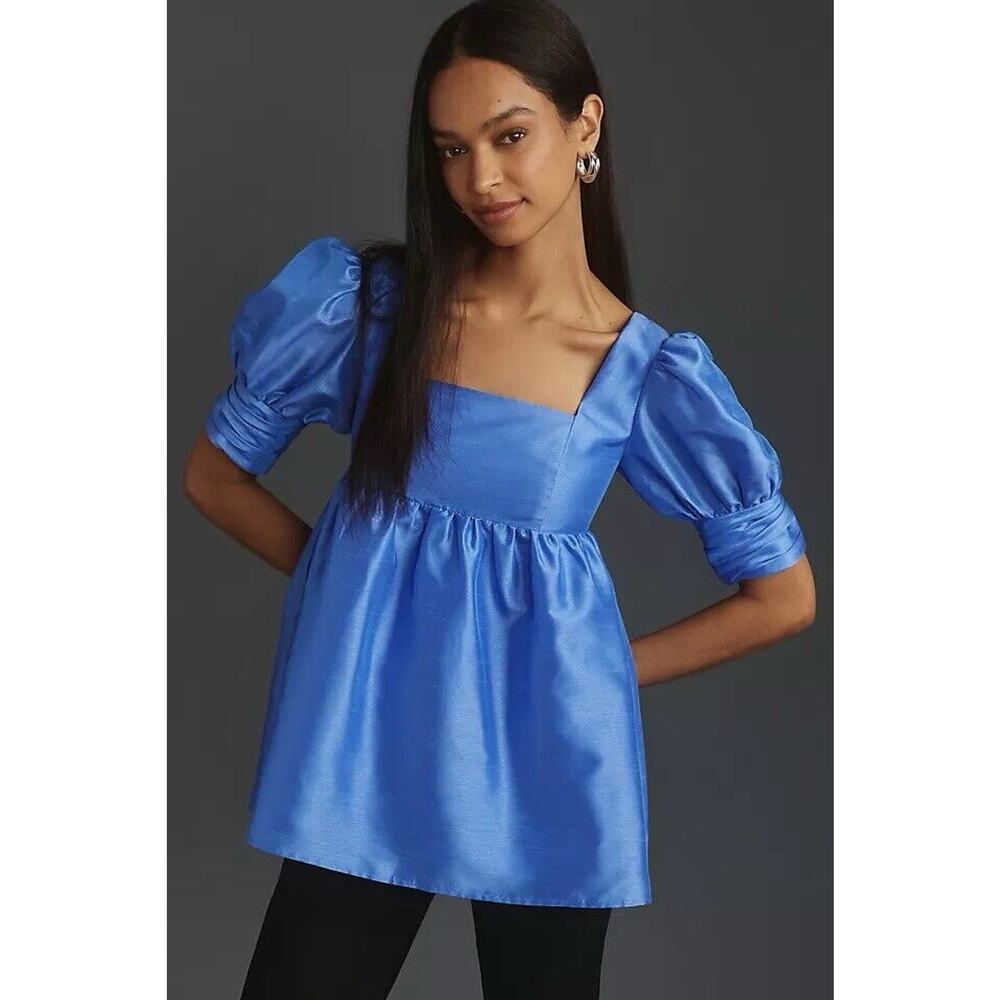 NWT Anthropology Hutch puff-Sleeves aquare neck tonic top Size Small Purple Blue